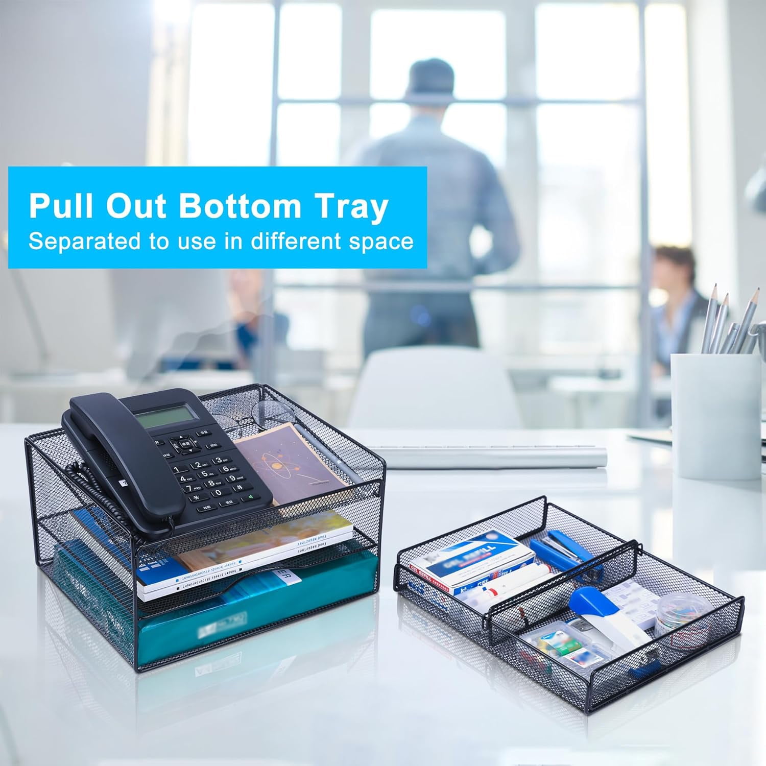EasyPAG Adjustable Mesh Desk Organizer Tray - Removable Dividers, Multi-Purpose Storage Caddy for Office, Classroom, Home (12.2×10.16×6.69in)