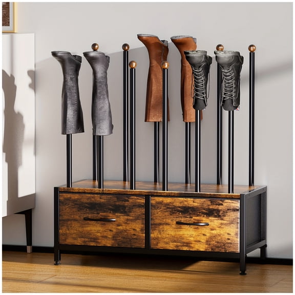 EasyPAG Boot Rack, Boot Rack Organizer Tall Boots, Boot Organizer with 2 Cloth Drawer Storage, Free Standing Boot Racks with 12 Long Posts, for 6 Pairs Boot