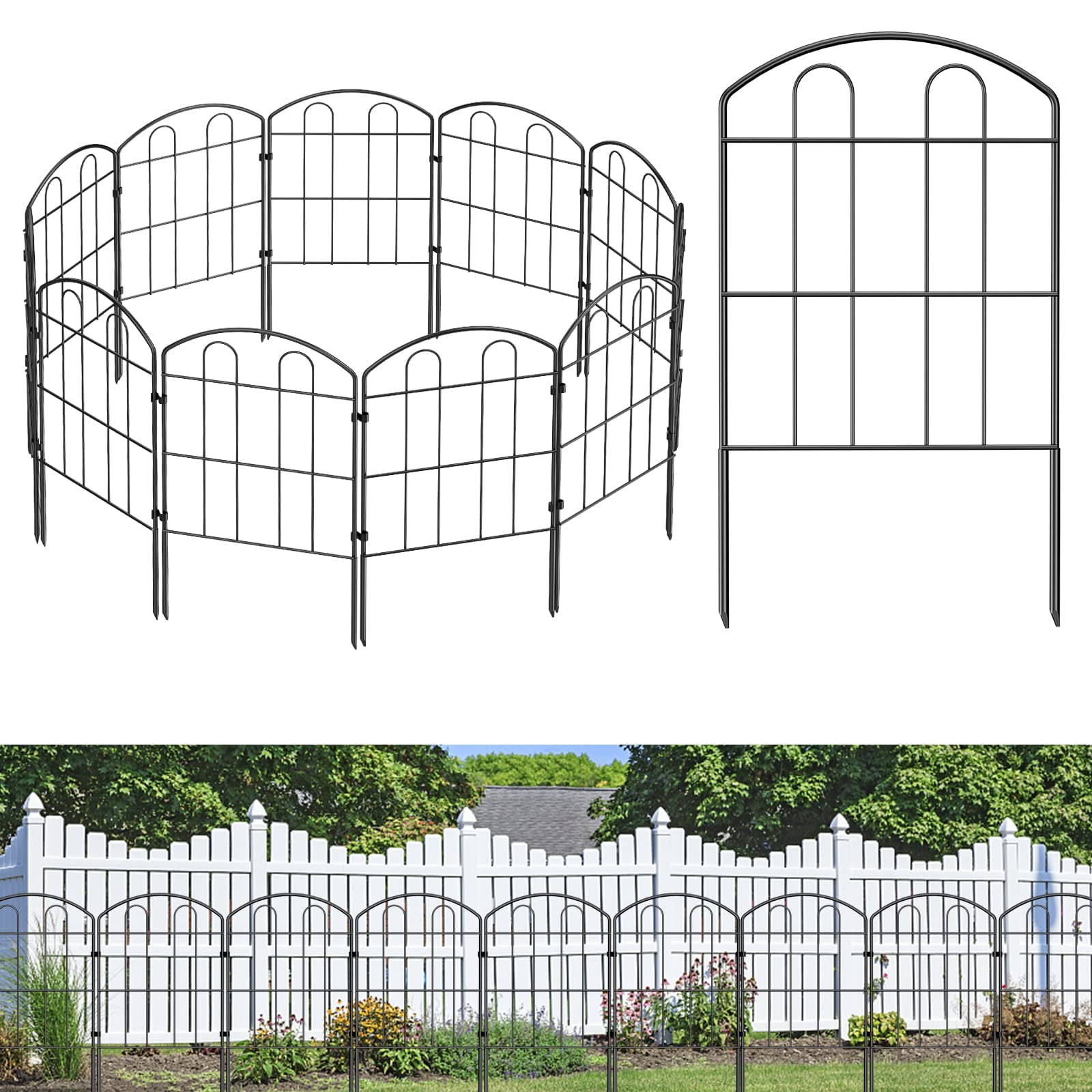 Black Metal Decorative Garden Fence Panels, 10 Pack, 10ft x 24in