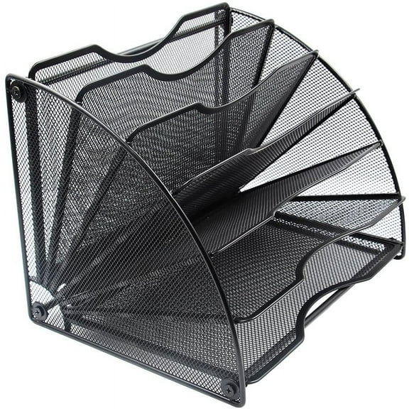 EasyPAG Fan-Shaped Mesh Desktop File Organizer, 6-Slot Vertical Paper Tray – Space Saving Metal Magazine Rack for Office, Home, School -Easy Assembly, Black