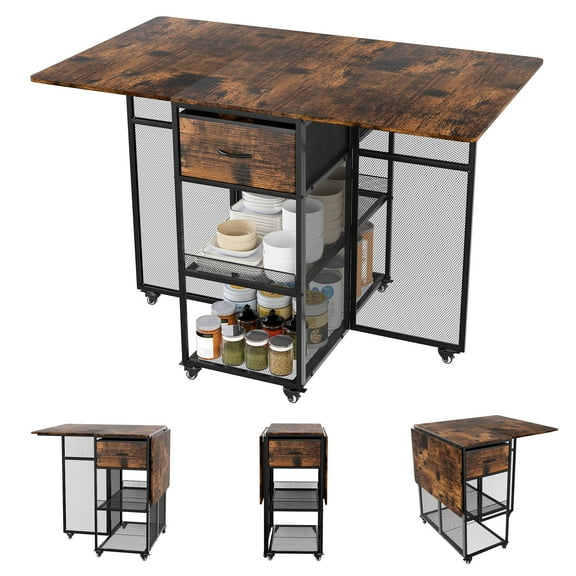 EasyPAG Folding Dining Table for 2-6 People, Multifunctional Table, Kitchen Island with Storage & Wheels, Convertible to Office/Party Table