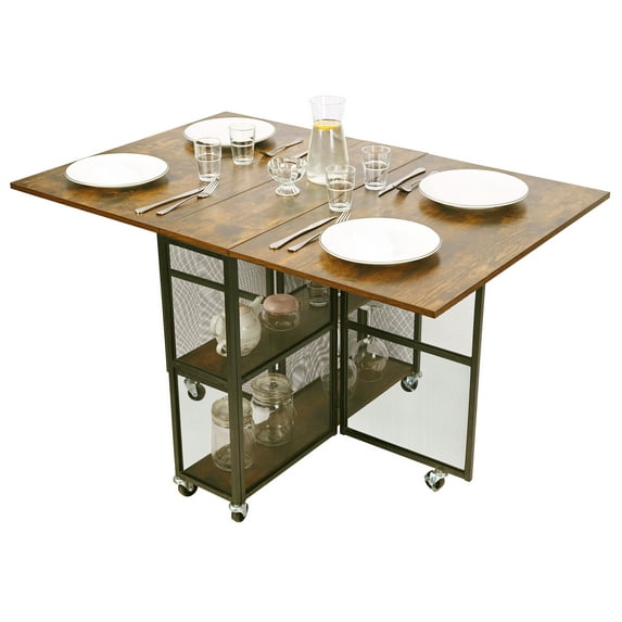 EasyPAG Folding Dining Table with Storage Rack Movable Kitchen Table Extendable Versatile Table Space Saving Foldable