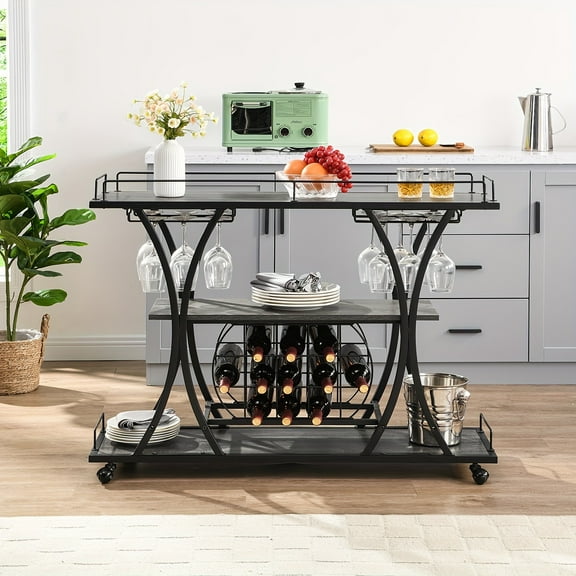 EasyPAG Freestanding Floor Wine Rack with Wine Glass Holder, 3 Tier Coffee Bar Cabinet for Home/Kitchen/Living Room/Dining Room, Dark Gray