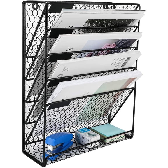 EasyPAG Hanging Wall File Holder Mail Organizer Metal Chicken Wire Wall Mounted Literature Rack, 6 Tier, Black