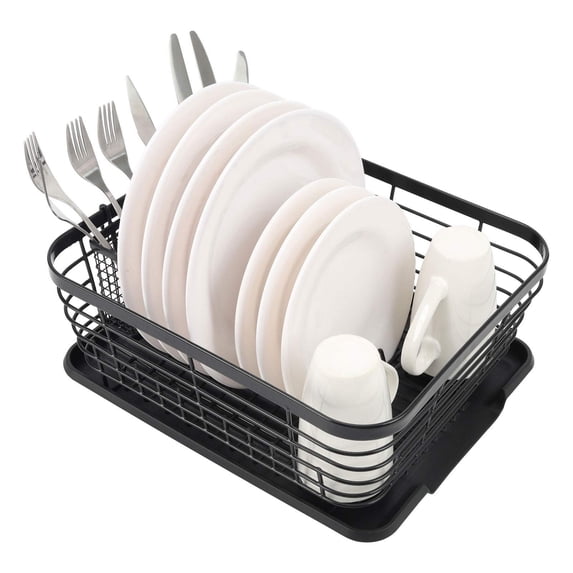 EasyPAG Kitchen Dish Drainer Rack with Drying Board and Full-Mesh Silverware Utensils Holder, Black