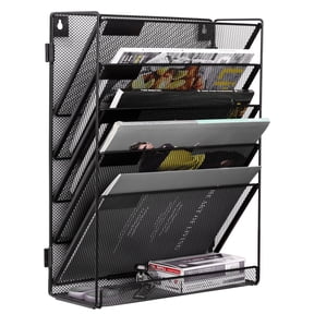 EasyPAG Mesh 5-Tier Hanging Wall Mount File Organizer Desk File Holder Vertical Mail Paper Folder Rack with Bottom Tray for Office Home, Black