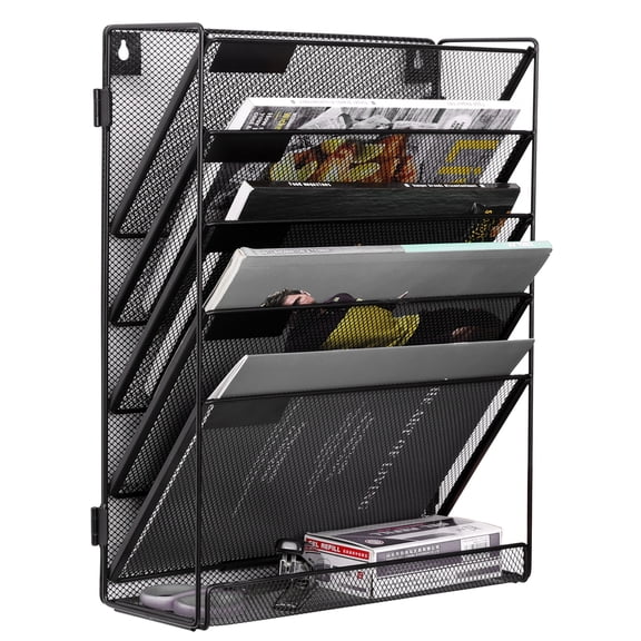 EasyPAG Mesh 5-Tier Hanging Wall Mount File Organizer Desk File Holder Vertical Mail Paper Folder Rack with Bottom Tray for Office Home, Black