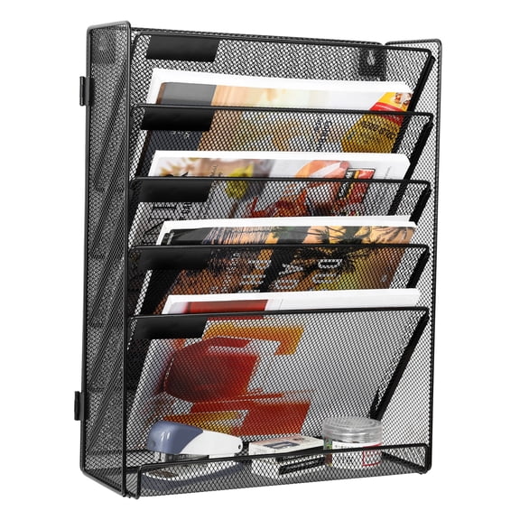 EasyPAG Mesh Office Organizer, 5 Tier Wall File Organizer, Assembly Wall Mounted File Holder, Desk Vertical Hanging Paper File Rack with White Label, Black