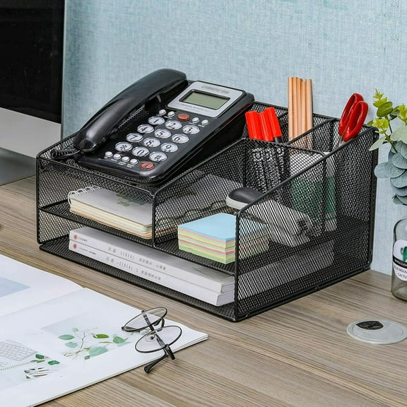 EasyPAG Multi-Compartment Mesh Desk Organizer - Black Metal Office Storage Caddy for Phones, Pens, Documents, Stationery