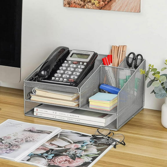 EasyPAG Multi-Compartment Mesh Desk Organizer - Silver Metal Office Storage Caddy for Phones, Pens, Documents, Stationery
