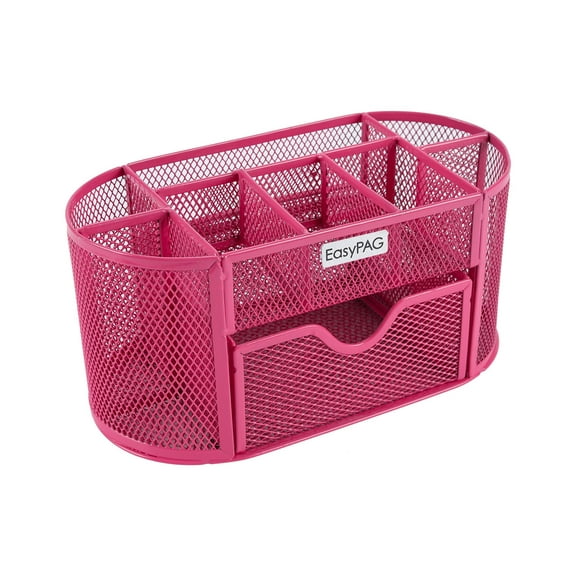 EasyPAG Office Desk Organizer with Drawer Small Mesh Desktop Pen Holder, Pink