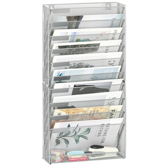 EasyPAG Office Hanging File Organizer 10 Tier Desktop / Wall Wount File Holder Assemble Mesh Letter Size Floder Holder Magazine Rack for Mail Paper Document with Flat Tray, Silver