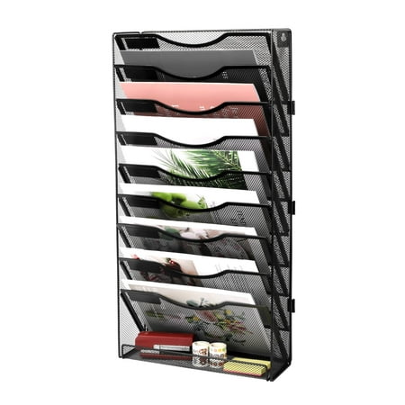 EasyPAG Office Supplies Wall File Organizer 10 Tier Assembly Vertical Hanging File Folders Holder Paper Rack,Black