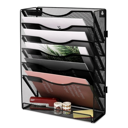 EasyPAG Office Supplies Wall File Organizer 7 Tier Assembly Vertical Hanging File Folders Holder Paper Rack,Black