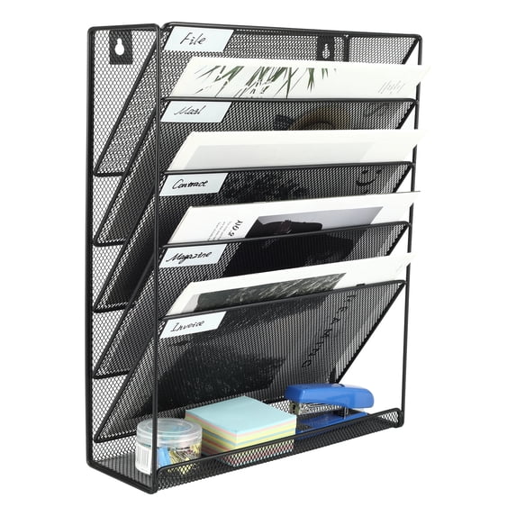 EasyPAG Wall File Holder 5 Tier Vertical Hanging File Organizer Wall Mount Paper Folder Rack with Bottom Flat Tray for Office and Home,Black