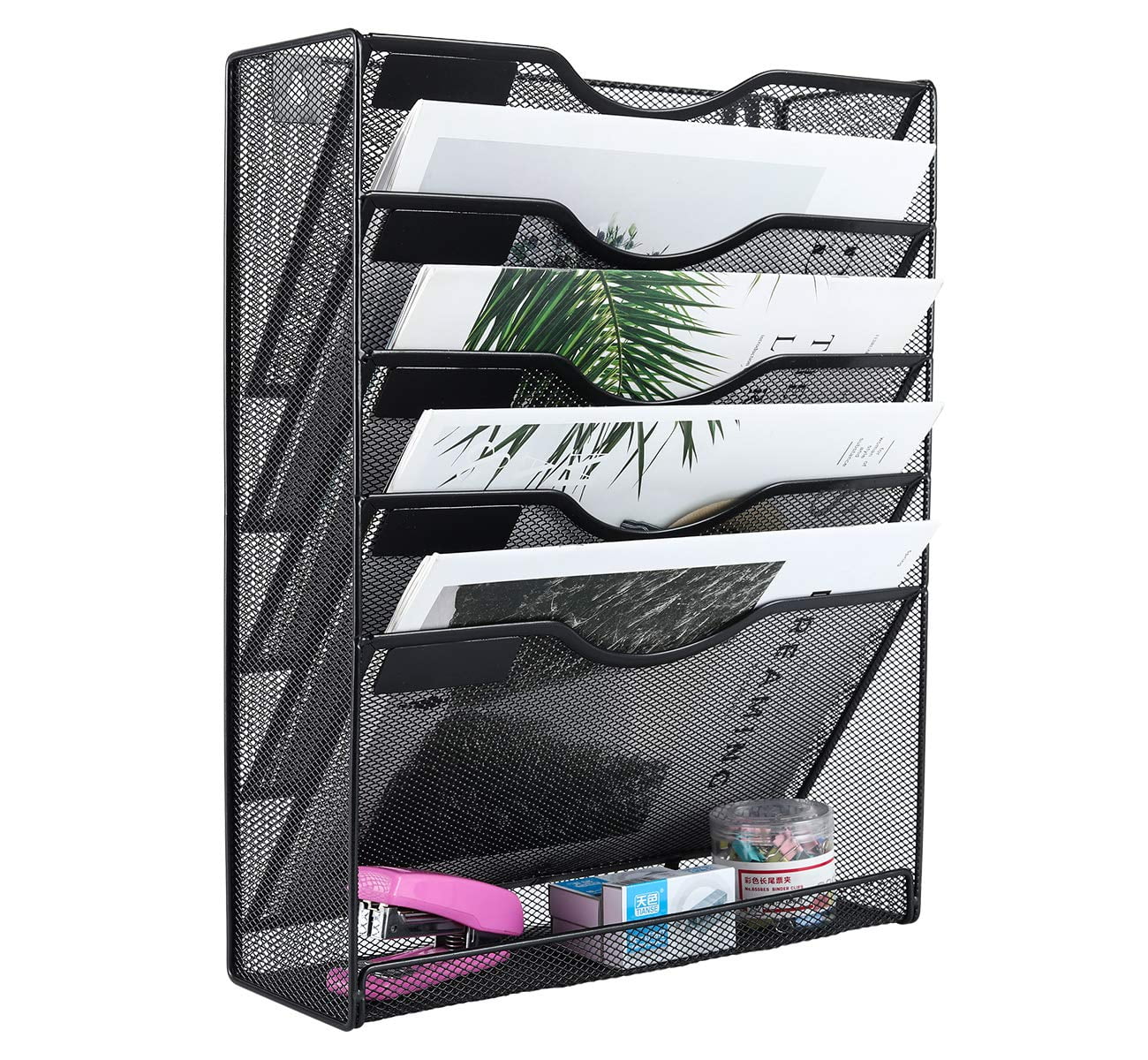 EasyPAG Wall File Organizer Mesh 5 Tier Wall File Holder Desktop Vertical Hanging File Folder Organizer with Bottom Flat Tray Sides Closed,Black