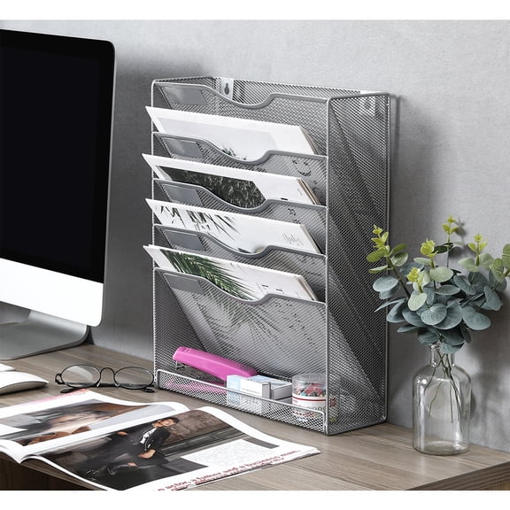 EasyPAG Wall File Organizer Mesh 5 Tier Wall File Holder Desktop Vertical Hanging File Folder Organizer with Bottom Flat Tray Sides Closed, Silver