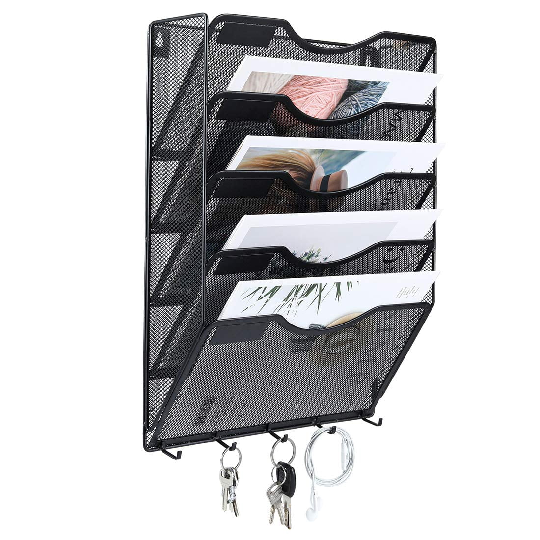 EasyPAG Wall Mount File Organizer with Key Hooks 5 Pocket Vertical Mesh