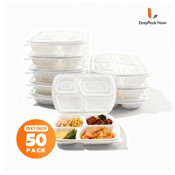 EasyPack Now 50 Count 28 oz White 4 Compartment Clamshell Meal Prep Containers for Salads and Kitchen