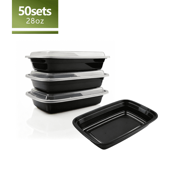 EasyPack Now 28oz 50 Sets Black Rectangular Meal Prep Containers, Stackable & Leakproof Bento Box Food Storage Set, for Food Truck, Catering & Office Lunch Microwave/Dishwasher/Freezer Safe