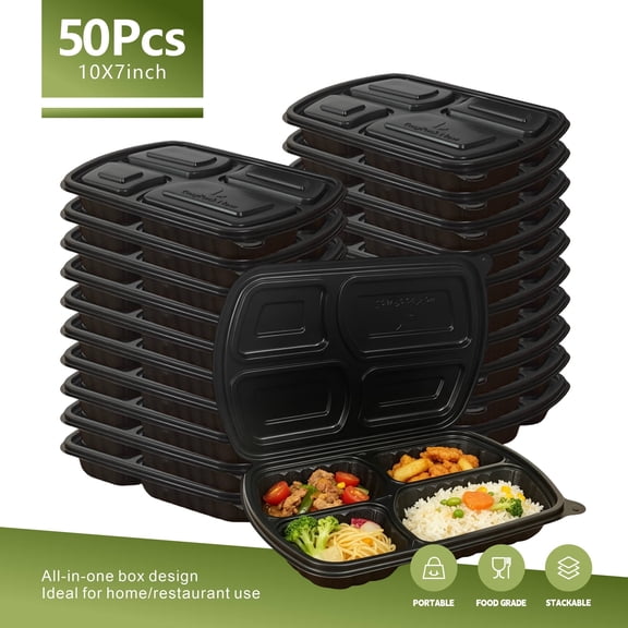 EasyPack Now 4-Compartment Clamshell To-Go Containers, 10 x 7, 50Pcs BlackThick-walled disposable takeout containers with hinged lids  Leak-proof design, microwave and freezer safe.