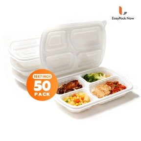 EasyPack Now 4 Compartment Clamshell To Go Containers 10"x7" 50 Pack, Microwaveable & Freezer Safe, White
