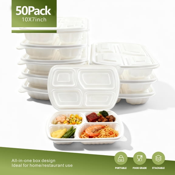 EasyPack Now 4 Compartment Clamshell To Go Containers 10"x7" 50 Pack, Microwaveable & Freezer Safe, White