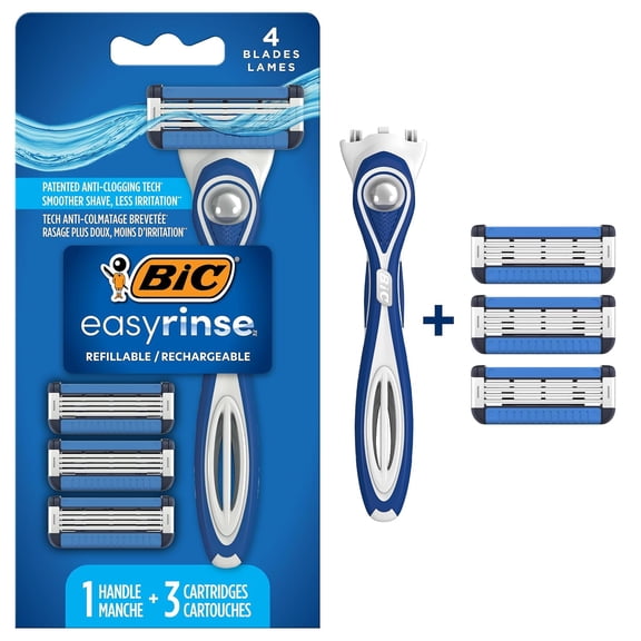EasyRinse Anti-Clogging, Refillable Men's Razors With 4 Blades, 1 Handle and 3 Refill Razor Cartridges Razor Kit