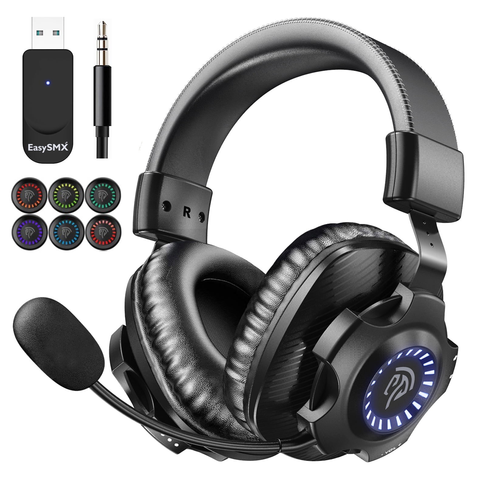 EasySMX Wireless Gaming Headset 2.4GHz for PS5,PS4,PC,Switch, Bluetooth 5.3 Headphones with Noise-Canceling Microphone/RGB Lights,Long Battery Life