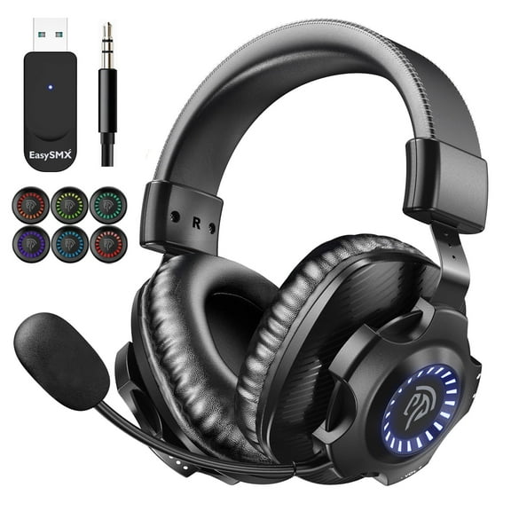 EasySMX Wireless Gaming Headset 2.4GHz for PS5,PS4,PC,Switch, Bluetooth 5.3 Headphones with Noise-Canceling Microphone/RGB Lights,Long Battery Life