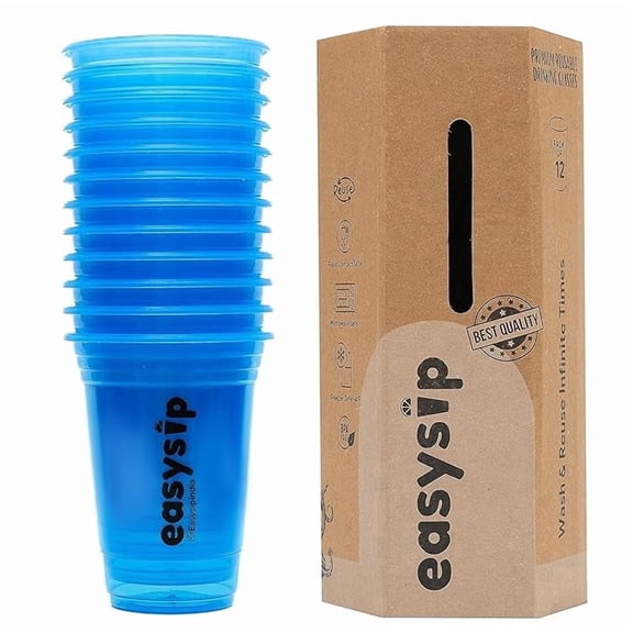 EasySip Reusable Party Cups | 12 Pcs | Drinking Glass | BPA-Free | Leak Proof House Party Dispenser | Colourful Juice Tumbler Assorted Cups | Pack of 12 (400 ML - Blue)