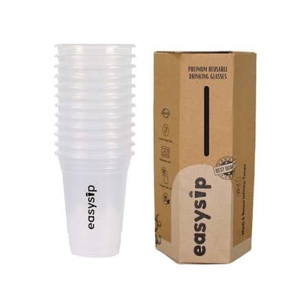 EasySip Reusable Party Glasses | Drinking Glass | BPA-Free | Leak Proof House Party Dispenser | Colourful Juice Tumbler Assorted Cups | Pack of 12 (400 ML - Transparent)