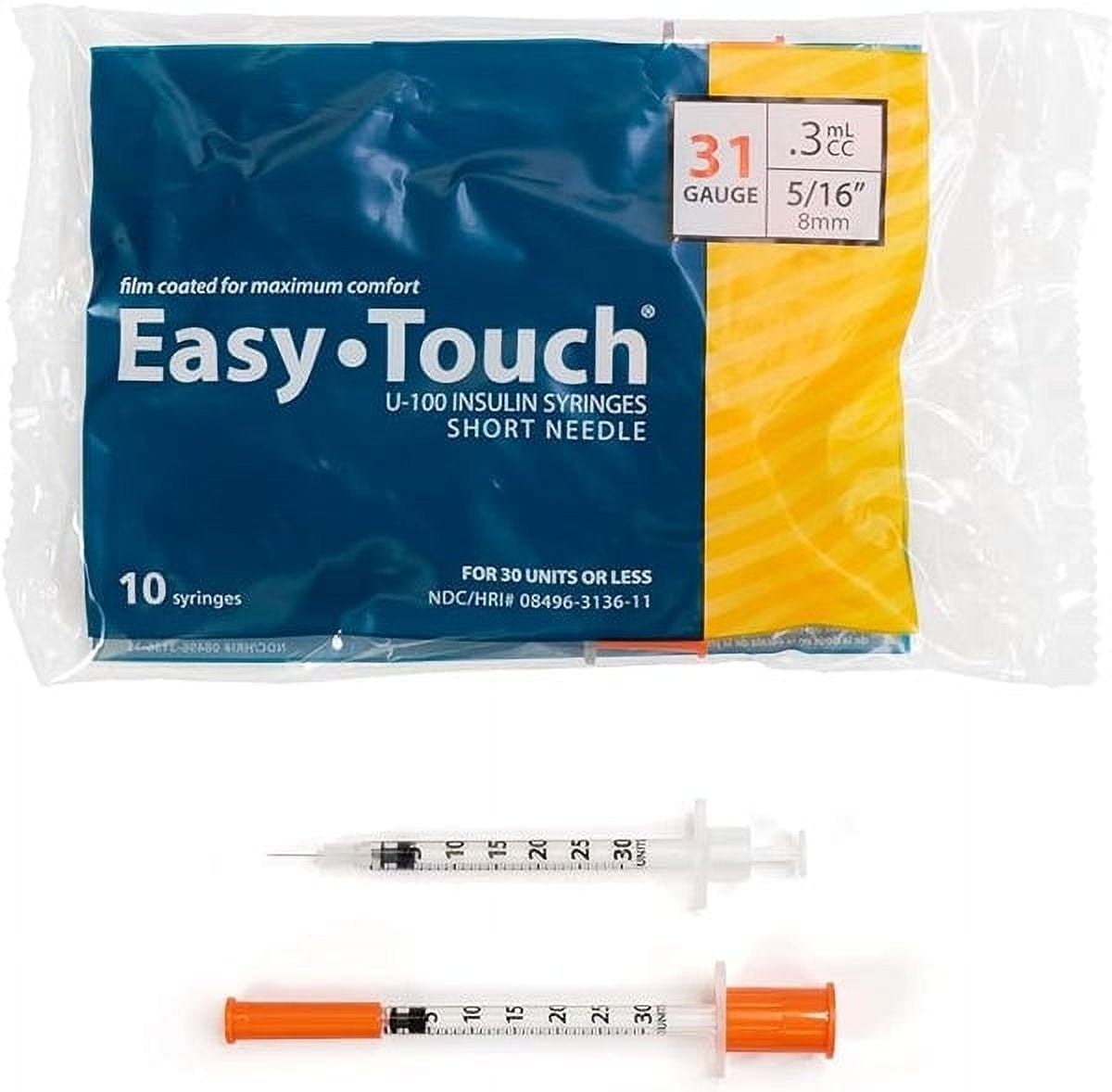 EasyTouch Diabetic Syringes, 31G .3cc 5/16Inch (8mm), Bag of 10