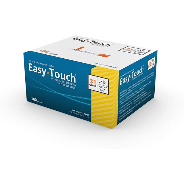 Easy Touch Diabetic Syringes, U100, 31g 0.3cc 5/16″ (8mm), 831365