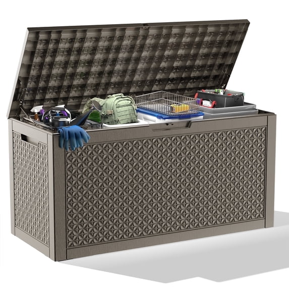 EasyUp 100 Gallon Resin Deck Box, Lockable Patio Outdoor Storage Box for Furniture, Garden Tools and Tools Storage, Waterproof Outside Storage Boxes