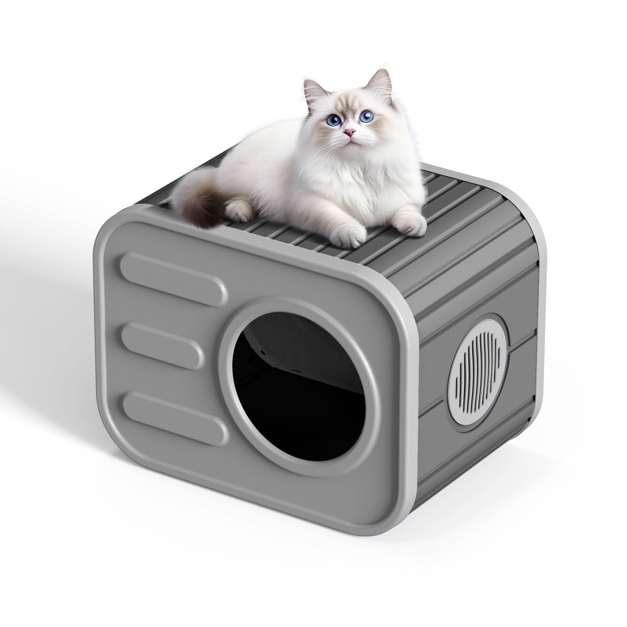 EasyUp Cat House for Indoor & Outdoor Cats, Resin Weatherproof Cat House with Camera-Shaped Design, Versatile for Home & Yard Use(Black&Grey)