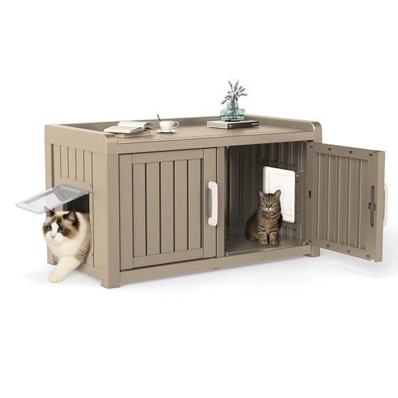 EasyUp Resin Enclosed Hidden Cat Litter Box Enclosure, Dual-Door Weatherproof Space-Saving Furniture for Indoor Corners & Small Spaces, Gray