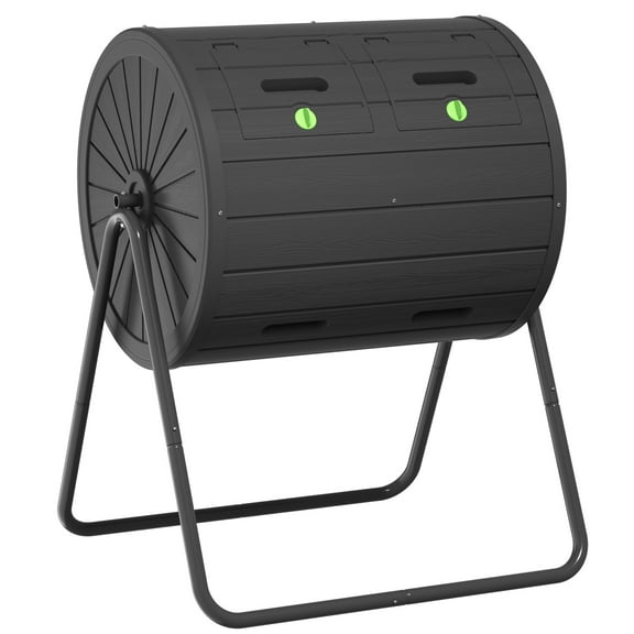 EasyUp Dual Chamber Tumbling Composter 43 Gallon Large Outdoor Tumbling Composter Efficient Batch Composting Easy Turn Design（Black)
