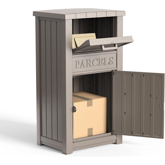EasyUp Package Delivery Box Outdoor, Weatherproof & UV Resistant Resin Storage Box with Lockable Lid and Flip-Up Delivery Slot, Secure Contactless Parcel Drop Box for Porch (Brown)