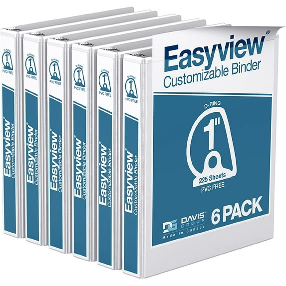 EasyView Premium 1-Inch Binders with Clear-View Covers, 3-Ring Binders for School, Office, or Home, Colored Binder Notebooks, Pack of 6, D Ring, White