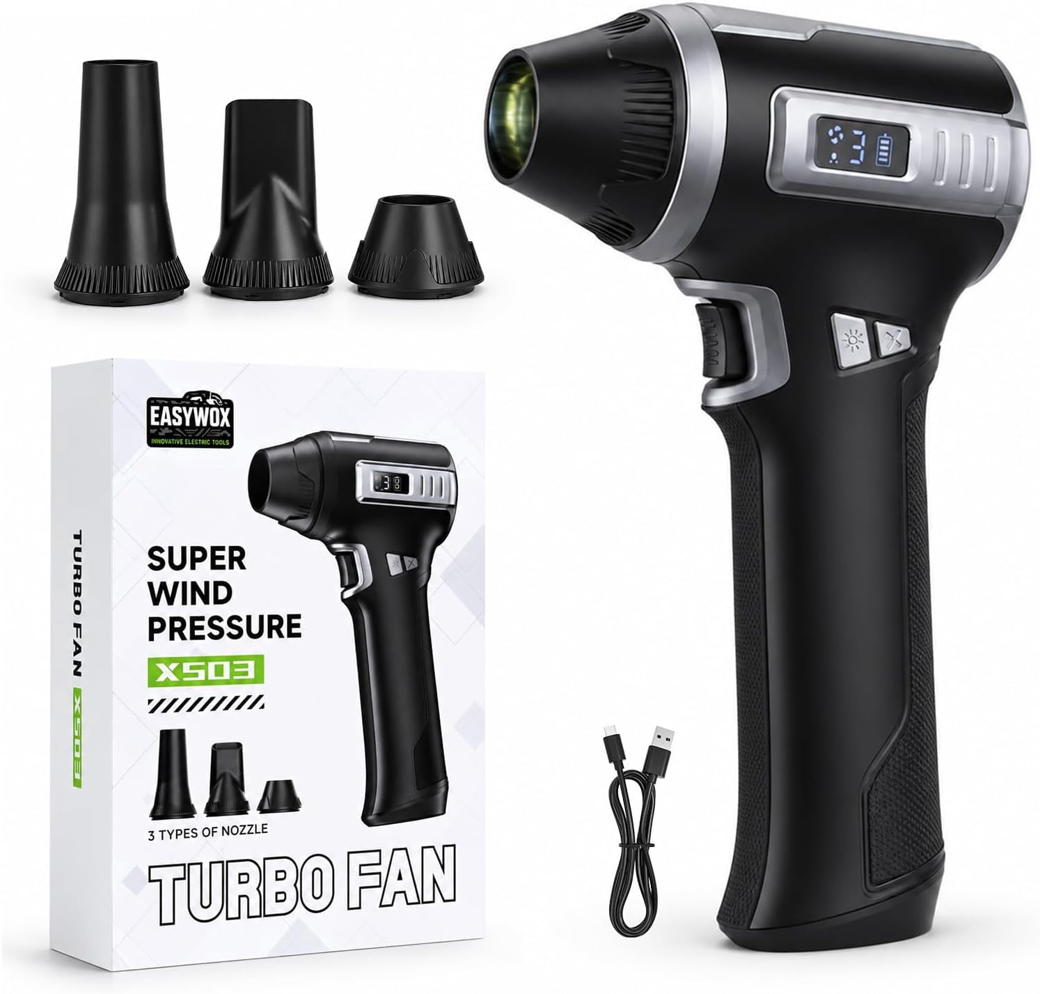 SENDFU EasyWox Electric Air Duster, 80000 RPM Cordless Turbo Fan with 3 Wind Speeds, LED Display & 4-Mode Work Light, 2500mAh Mini Jet Blower for PC Keyboard