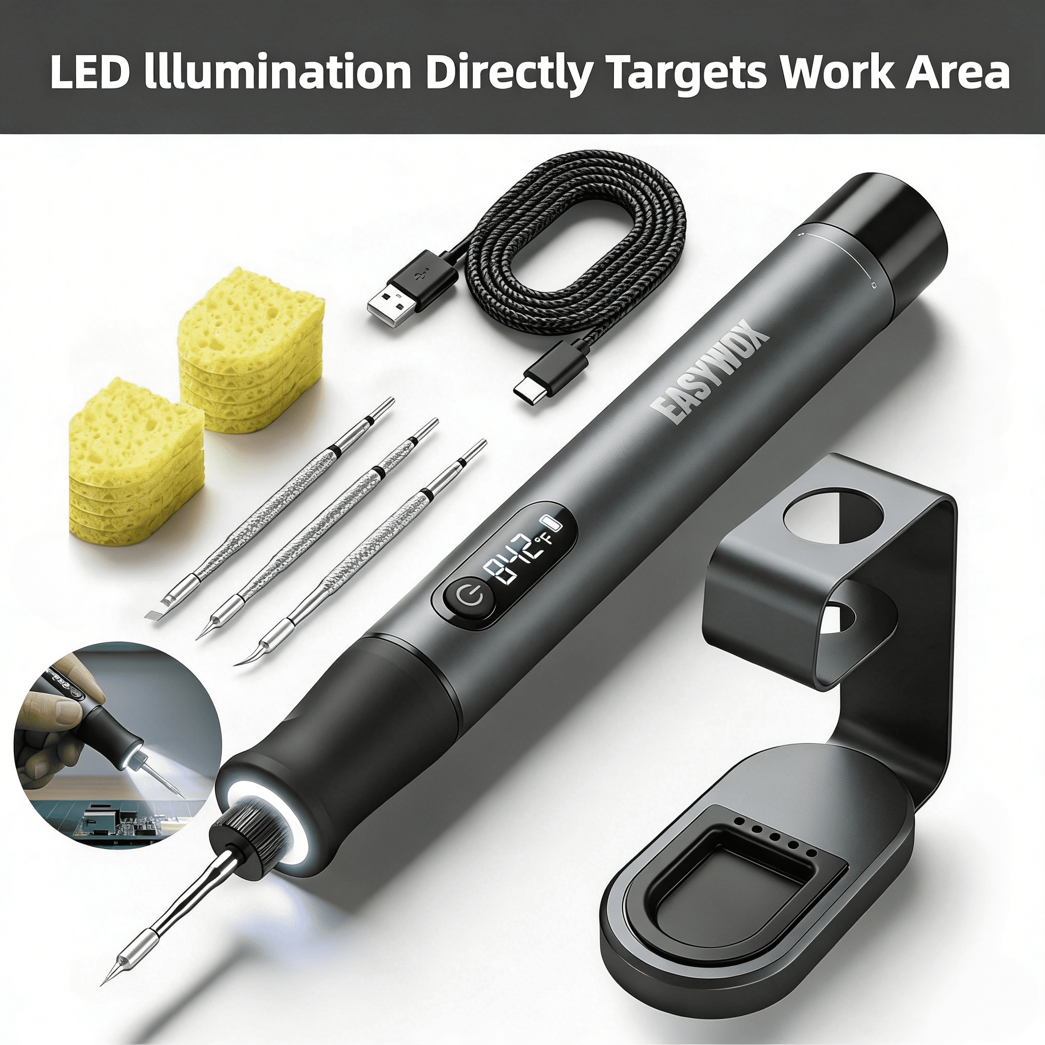 EasyWox Cordless Soldering Iron Kit with LED Light, 7S Fast Heating 392°F-842°F, Rechargeable, Auto Sleep, 3 C210 Precision Tips for Precision Repair