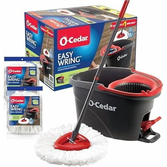 EasyWring Microfiber Spin Mop & Bucket Floor Cleaning System + 2 Extra Refills, Red/Gray
