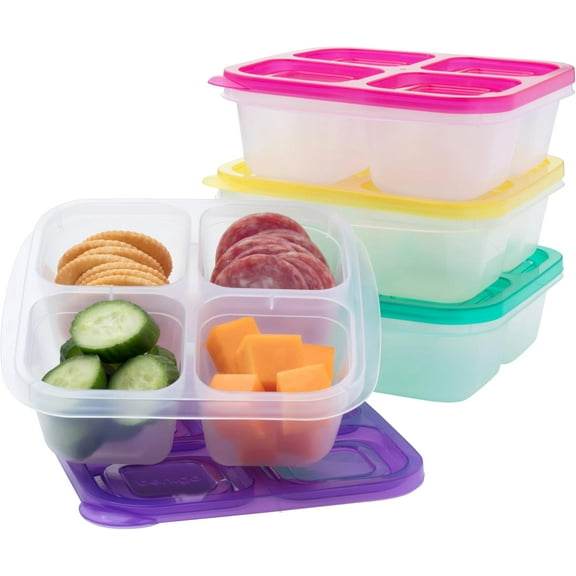 Easyboxes 4-Compartment Snack Containers - 8-Piece Set with 4 Trays & 4 Custom-Fit Lids to Seal in Freshness - Reusable Food Storage & Meal Prep Bento BPA-Free Containers (Brights)