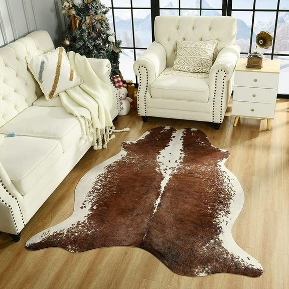 Easycozy Faux Cowhide Large Cow Print 4.6 x 5.2 Feet Thickened Elastic Rug for Bedroom, Living Room, Home Office, Western Decor