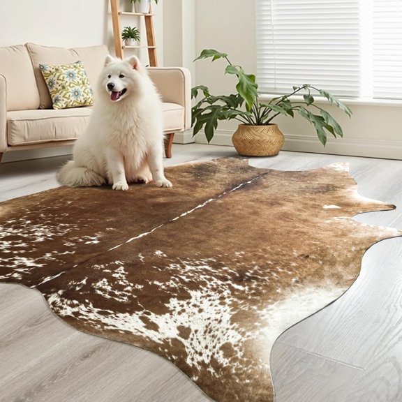 Easycozy Faux Cowhide Large Cow Print 5.2 x 6.2 Feet Thickened Elastic Rug for Bedroom, Living Room, Home Office, Western Decor