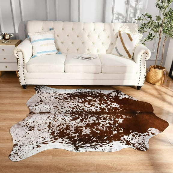 Easycozy Faux Cowhide Large Cow Print 6.2 x 7 Feet Thickened Elastic Rug for Bedroom, Living Room, Home Office, Western Decor