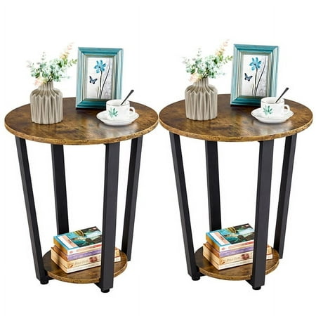 Easyfashion 2Pcs Round Wooden Side End Tables, Rustic Brown
