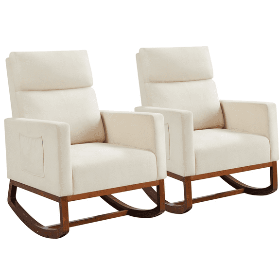 Renwick 2pcs Upholstered Rocking Chair with Arm and Rubber Wood Legs for Home, Beige