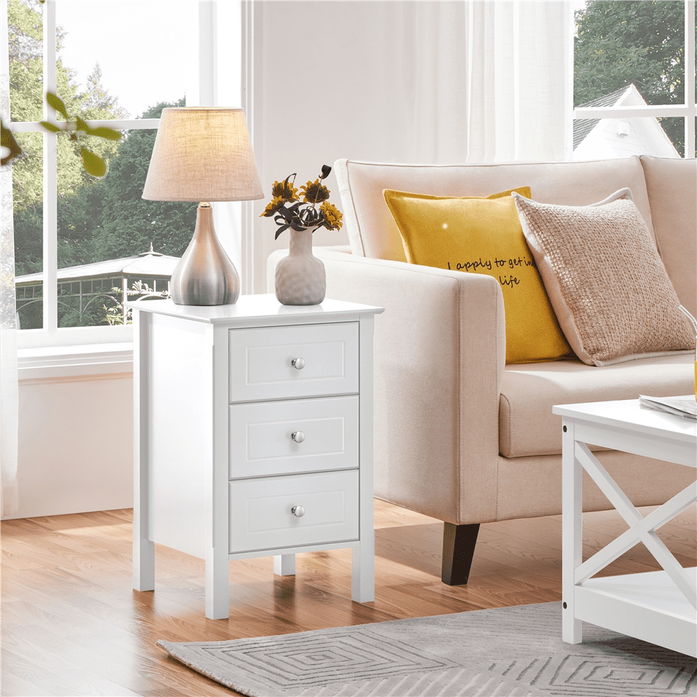 Easyfashion 3 Drawer Nightstand with Solid Wood Legs,White